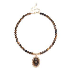 Yellow Tiger's Eye Brown Austrian Crystal Beaded Necklace in Goldtone